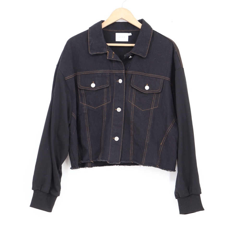Lush Black Mixed Media Denim Trucker Jacket Raw Hem Contrast Stitch L